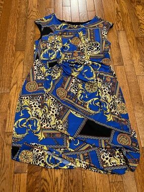 Dress Barn Blue and Gold Baroque Print Cap-Sleeve Dress